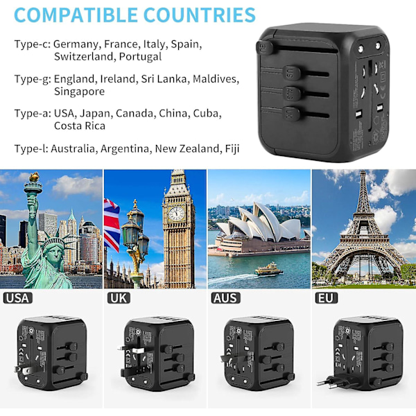 Universell reseadapter, All-in-one reseadapter med 4 USB-laddningsportar, Lämplig för 224 länder (Italien, Storbritannien, Tyskland, USA, Australien)