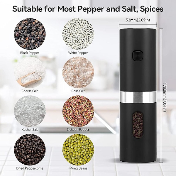 Elektrisk Automatisk Salt- og Pepperkvernsett med Oppladbart Stativ, 2 Justerbare Grovhetsinnstillinger, Porta