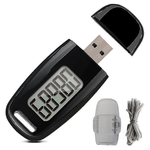 Enkel Stegräknare, 3D-stegräknare med Uppladdningsbart Batteri, Noggrann Fitness Tracker, Digital Stegräknare, Svart