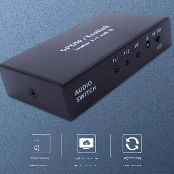 Optisk bryter med 2-veis Spdif Toslink optisk digital lydsplitter 3 inn 1 ut med IR fjernkontrollbryter