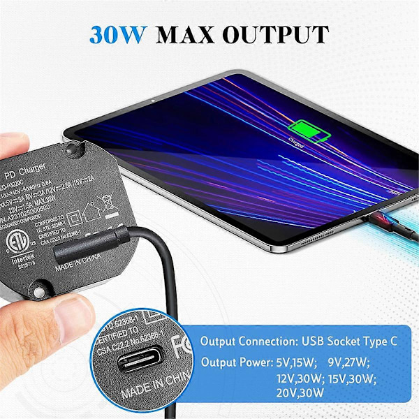 AC till USB-C-adapter, väggmonterad, för USB-C-surfplattor, 5-20V, 30W laddare