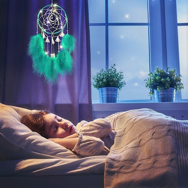 Grønne Drømmfangere, Værelses Dekoration til Piger og Drenge, Håndlavet Fjer Vægdækning med Lys, Hjem Ornament Håndværk Gave til Soveværelse