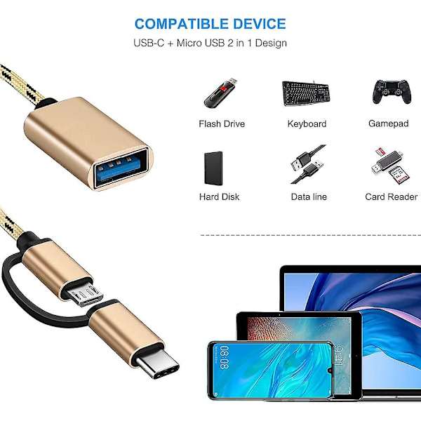 2-i-1 USB C/mikro till USB-adapter, Seminer USB C till USB, Mikro till USB 3.0 OTG-adapterkabel kompatibel med Imac Android Google och mer, Guld, 2 st