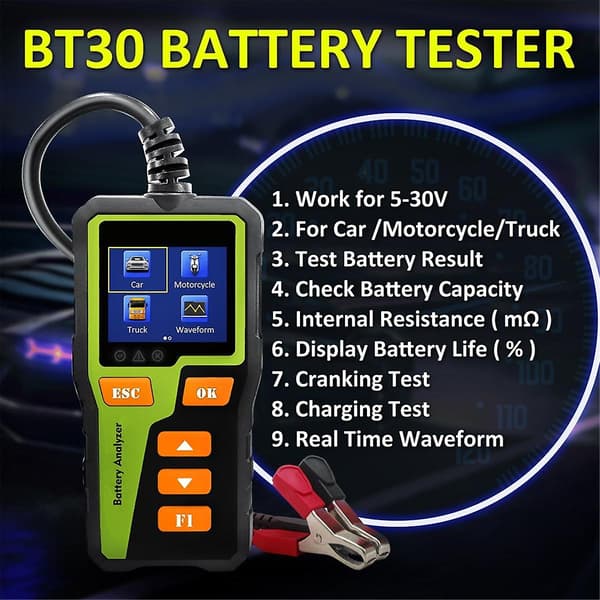 BT-30 Batteritester Belastningstester Bilbatteritester Digital Bilbatterianalysator til de fleste batterier