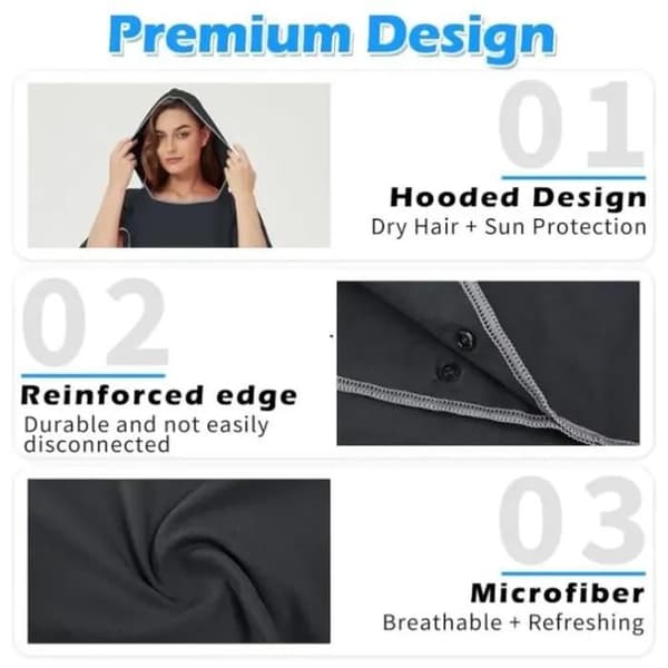 Badehåndklæde i mikrofiber med hætte, surfponcho, hurtigtørrende og let badehåndklæde til mænd, sort