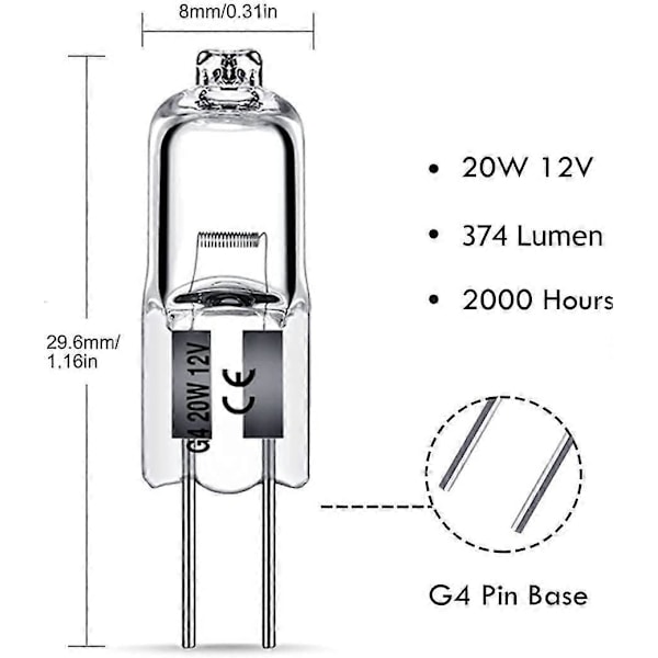 G4 Halogen Lyspærer 10W 12V Klar Kapsel 2-Pols Lampe Pære Halogen Pin Base Varmt Hvit Dimbar 10-pakning