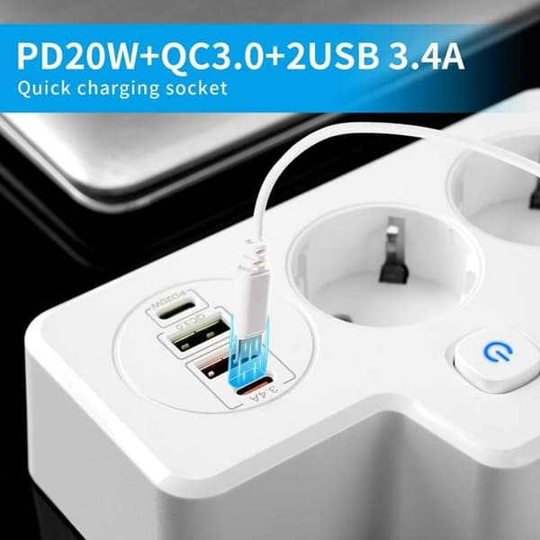 EU-uttak, grenuttak, vegguttak, PD QC3.0-lader, multilader, USB-lader med strømbryter (hvit), høy kvalitet
