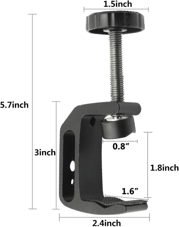 Universell C-klemme med 1/4 \" og 3/8 \" gjengede hull, egnet for skrivebordsmonteringsfester.