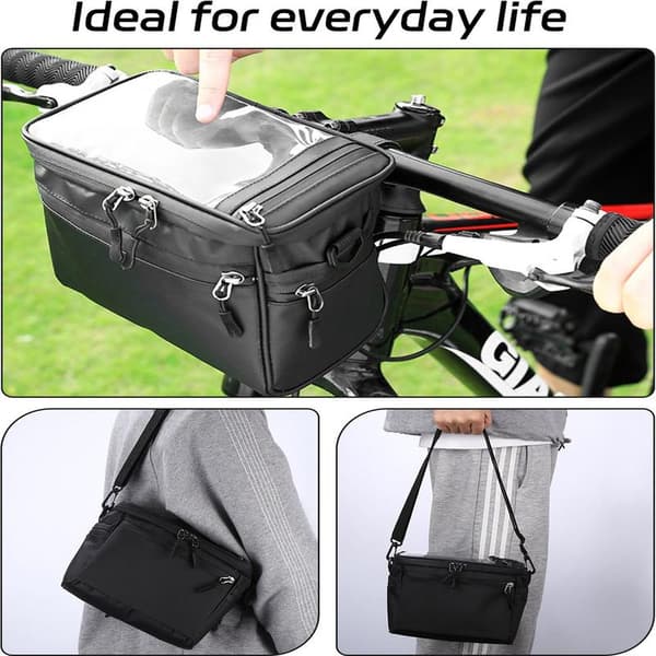 Handlebar Bag - Insulated Front Handlebar Bag - Bicycle Accessories - Bicycle Basket - Touchscreen Phone Bag with Shoulder Strap - Black