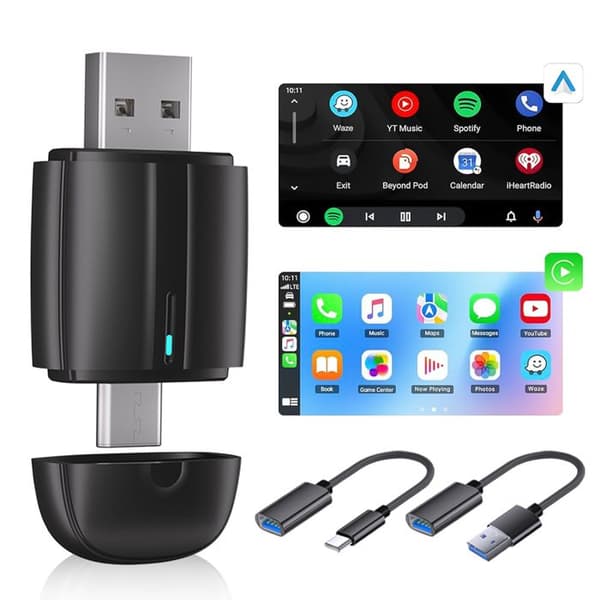 Trådløs CarPlay-adapter for Apple CarPlay og Android Auto - 2-i-1 Bluetooth bilspill-dongle konverterer kablet til trådløst