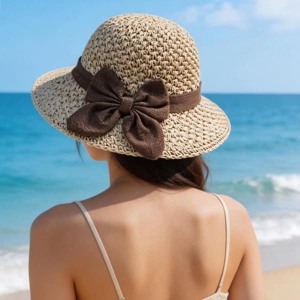 Sun Hat with Bow - Fits Head Size 56-58 cm - Women's Beach Hat - Hat for Beach Vacation - Foldable - UV Protective Sun Hat - Summer
