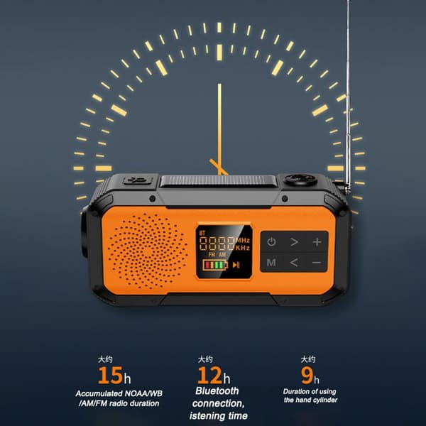 Bærbar nødradio med solcellelader, håndsveiv og batteri, oransje.