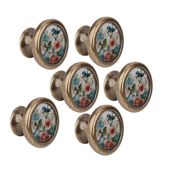 6 x Skabslåge Skuffe Bin Håndtag Træk Knop Hardware - Fugl og Blomster