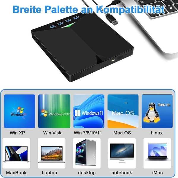 External CD/DVD Player USB 3.0, Portable, Burner, RW/ROM Drive, High-Speed Transfer, Integrated USB Cable Suitable for Windows 7/8/10/11/Vista/Linux