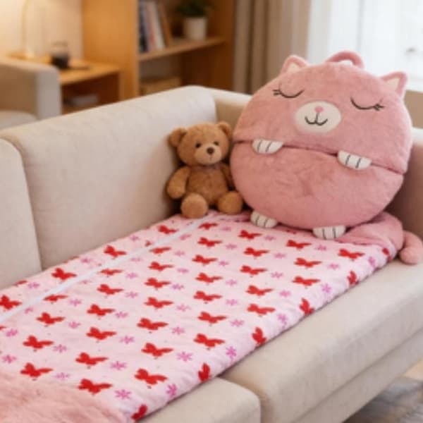 Vikbar sovsäck för barn - Katt - 180 x 70 cm - Integrerad kudde - Konvertibel plyschleksak