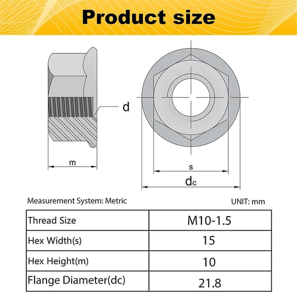16-pakning M10 Serrerte Flensheksmuttere, M10-1,5 mm Heksagonflensmuttere, Låsemuttere Erstatningsmutter for DI