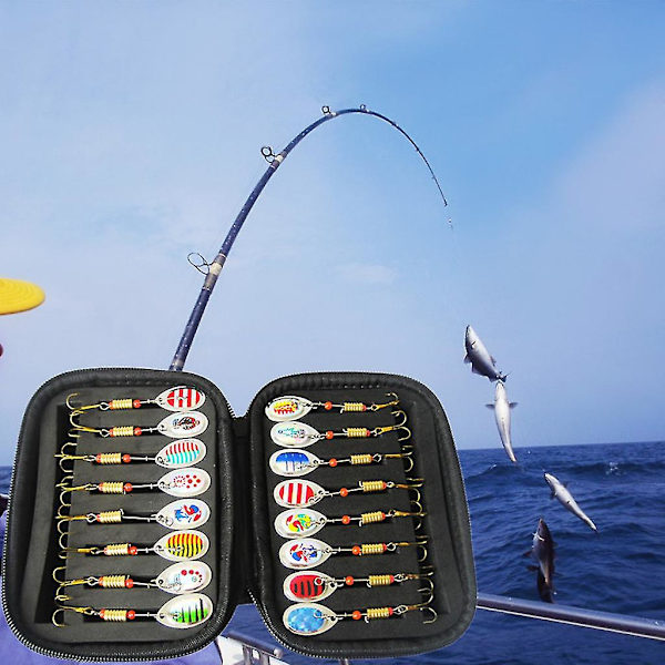 16 st fiskedrag med spinnbete, skedar och betesväska