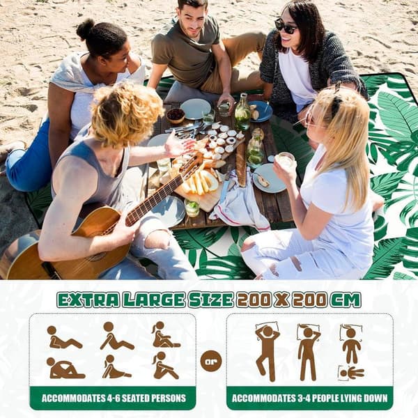 Picnic Blanket, 200x200cm, Waterproof and Sandproof, Leaf Pattern, Durable Beach Mat, Foldable, Camping, Beach, Hiking, Easy to Carry