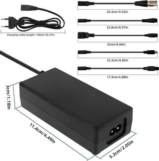 Oplader til el-løbehjul - 36V/42V 2A universaloplader - Med 5 batteriopladerstik - Oplader til elcykel - Hoverboard Drift Trikes