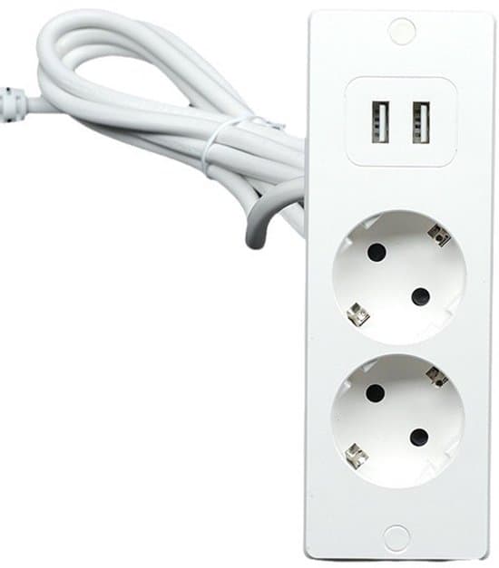 Desktop Power Strip with 2 Outlets, 2 USB Ports, and a 1.5-meter Cable – Suitable for Workspaces and Conference Tables (White).