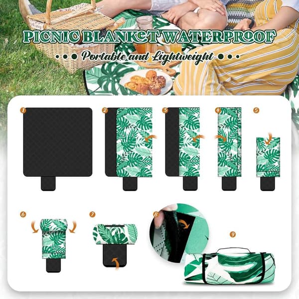 Picnic Blanket, 200x200cm, Waterproof and Sandproof, Leaf Pattern, Durable Beach Mat, Foldable, Camping, Beach, Hiking, Easy to Carry