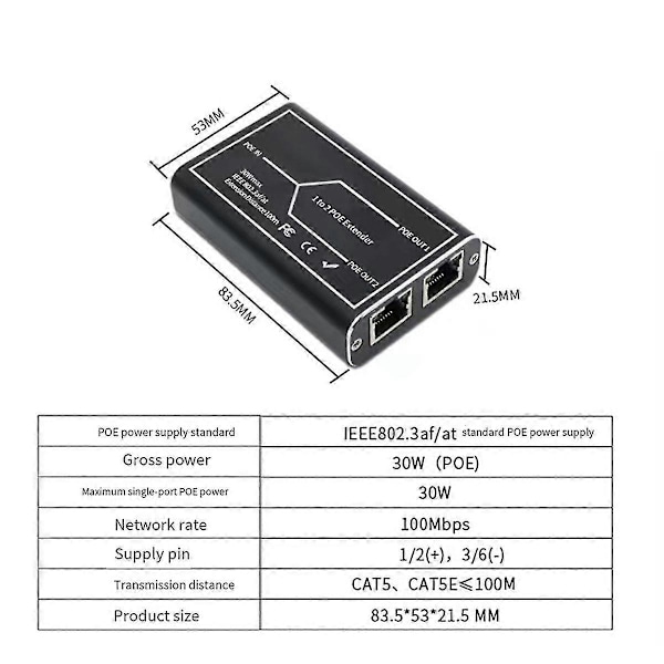 Gigabit Poe Extender 2 Port 1000m Netværk Switch Repeater 30w Ieee802.3af/at Plugplay Til Poe Switch Nvr Ip Kamera