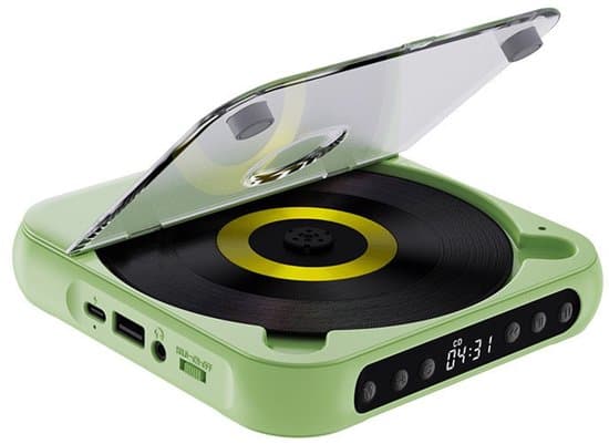 Portable CD Player, Bluetooth 5.3 Transmitter, 2000mAh, HiFi Dual Speakers, CD/USB/AUX, with Headphones (Green)