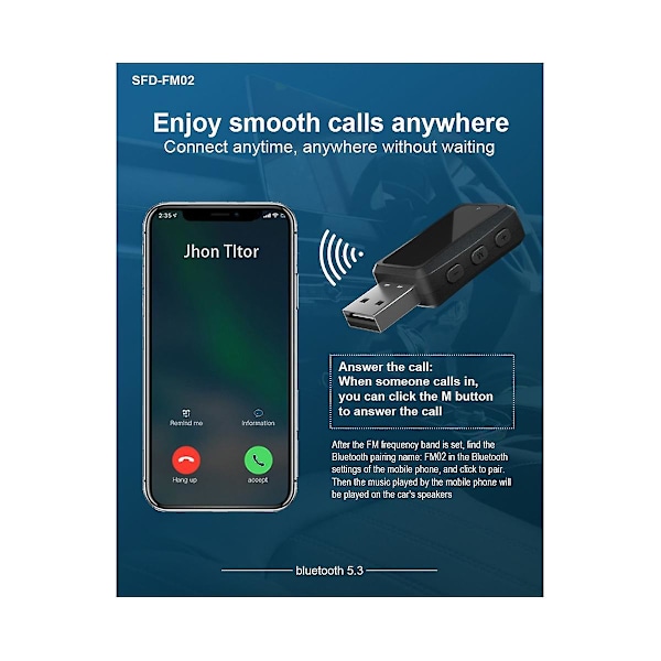 Carbluetooth 5.3 Fm02 Transmitter Receiver Håndfri Opkald Mini Usb Strømforsyning Bilsæt Bil Wir
