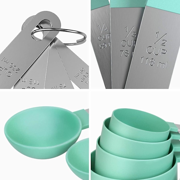 8-delad måttsats med måttkoppar och skedar - Måttsats i plast med handtag i rostfritt stål (turkos)