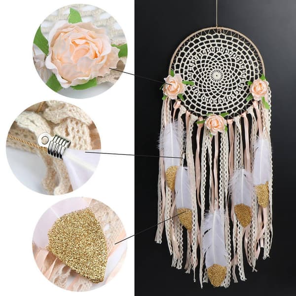 Vävda blomfjädrar drömfångare Boho Macrame hängande drömfångare DIY vind väggkonst bröllopsdekoration