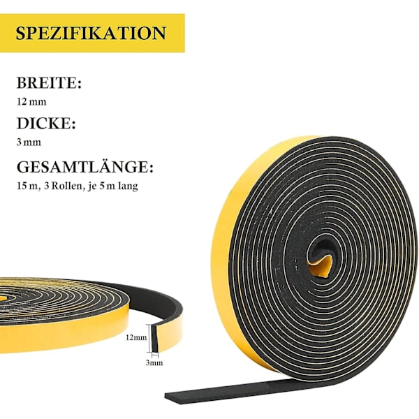 15 m självhäftande tätningstejp av skumgummi 12 mm (B) x 3 mm (D) för fönster, skumtejp, dörrtätning, gummitätning för kollisionstätning, ljudisolering, 3