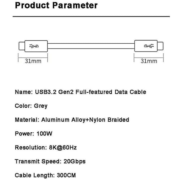 3m PD 100W USB-C 3.2 Gen2 Datakabel 8K/60Hz 20Gbps Høyhastighetskabel for MacBook/iPad Pro