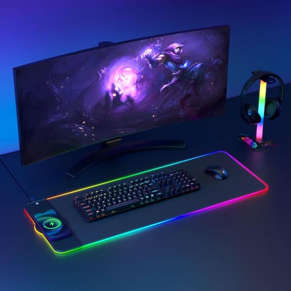 Oppladbar RGB Gaming Musematte - Trådløs 15W Musematte, Ekstra Stor LED Musematte 80*30cm, 10 Lysmoduser, Spilltilbehør
