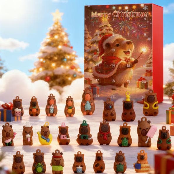 Capybara julekalender - 24-dagers adventskalender med søte dyrefigurer, julepynt og gaveeske