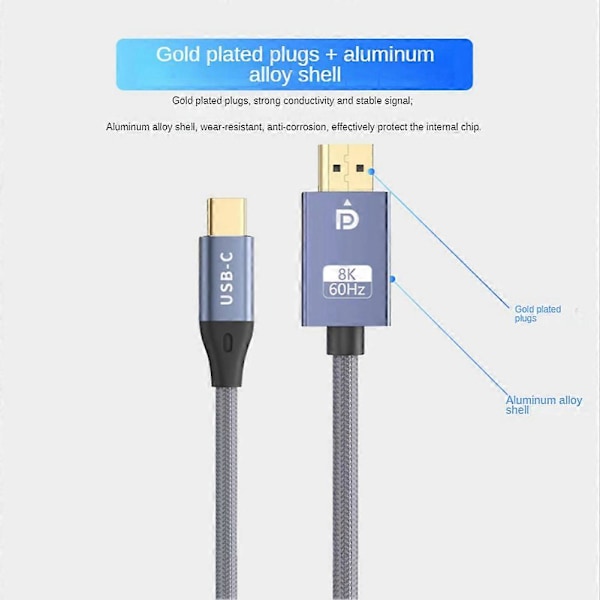 USB-C till DisplayPort-kabel Bidirektionell 8K 60Hz Display Port till Typ-C 3.1 DP-kabel för 3 för Pro