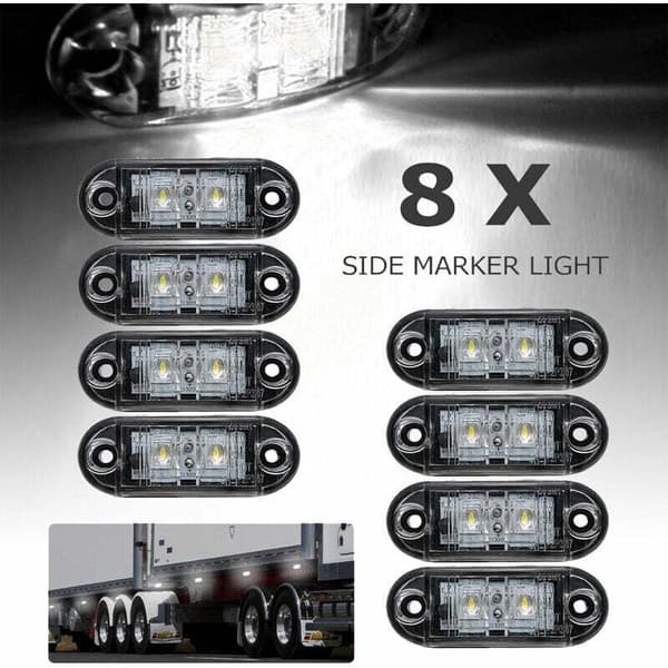 8 stk. LED sidemarkeringslys, front- og bakposisjonslys, 12V 24V universell for tilhenger, lastebil, campingvogn, varebil, buss, traktor, hvit, 12V