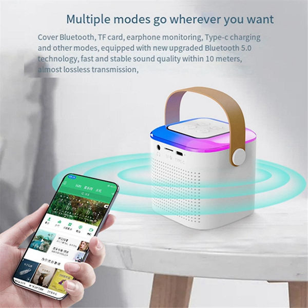 Kannettava Bluetooth 5.3 -kaiutinjärjestelmä kahdella langattomalla mikrofonilla, kotilaulukaiutin, valkoinen