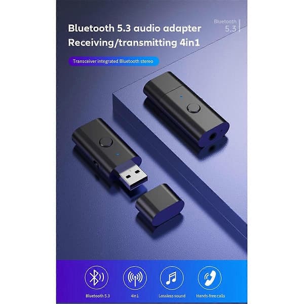 Bluetooth 5.3 Sender Mottaker, 3.5mm Aux Trådløs USB Adapter, Innebygd Mikrofon, Musikkstrømming, H