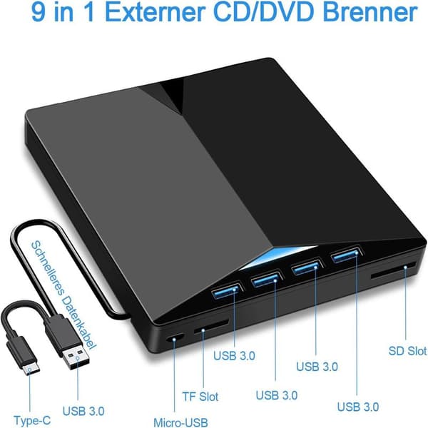 Ekstern CD/DVD-afspiller USB 3.0, bærbar, brænder, RW/ROM-drev, højhastighedsoverførsel, integreret USB-kabel egnet til Windows 7/8/10/11/Vista/Linux