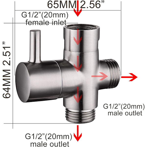 Solid Messing 3-vägs Ventil G1/2\" Handdusch Duschkomponenter Universell Koppling, Borstad Nickel