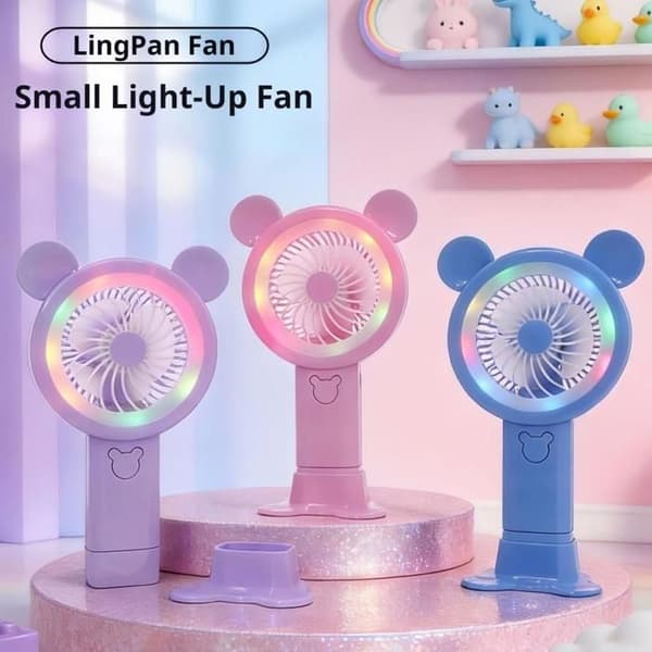 Barnskrivbordsfläkt - Tecknad Design - USB - Lyser Upp - Bärbar och Tyst - Rosa LED-fläkt