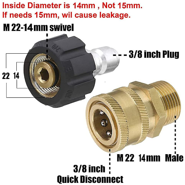 Koppling för högtryckstvätt, snabbkopplingssats, 3/8 till M22-14 hane-hona gänga
