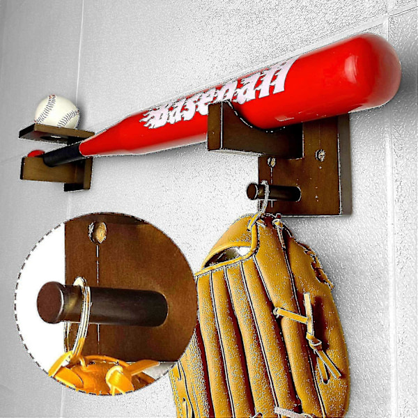 3-i-1 Väggfäste för Baseballträ & Softboll & Handske, Horisontell Hylla i Massivt Trä