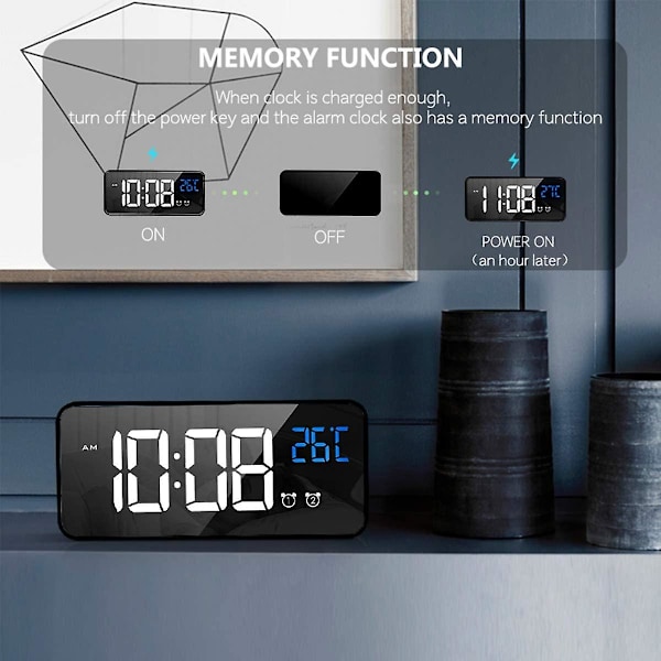 Digital väckarklocka med stor LED-temperaturdisplay, bärbar spegelalarm med dubbel alarm Snooze-tid 4 nivåer justerbar ljusstyrka dimmer 13 musik