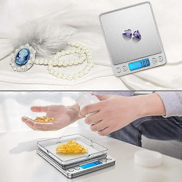 Præcisionsvægt, 500g/0,01g, 0,01g Præcisionsvægt, Køkkenvægt med Tara- og Tællefunktion, LCD-display med Baggrundsbelysning (Sølv)