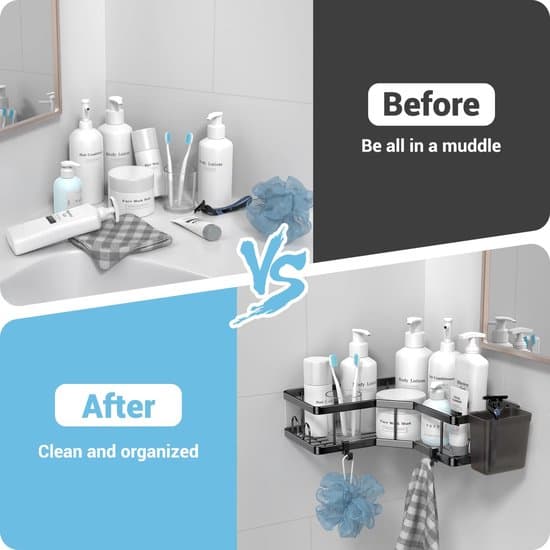 Self-adhesive shower shelf corner shelf for bathroom organization - stainless steel - 2 pieces - black - 4 hooks - toothpaste holder