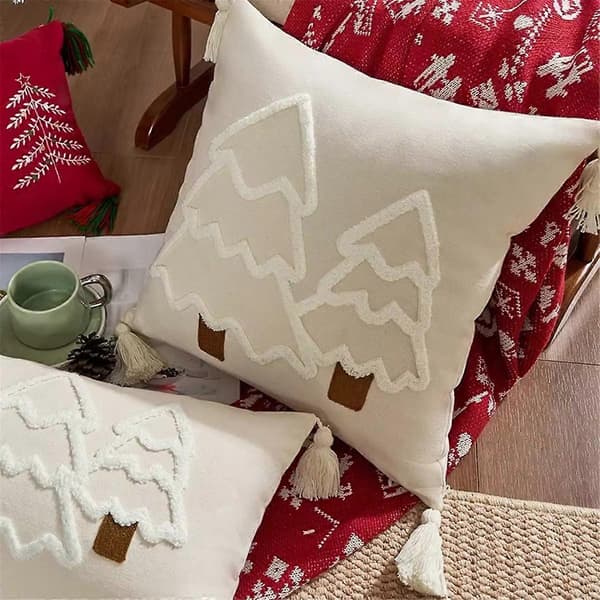 Julgransbroderi Kuddfodral Festlig Bomull Canvas Örngott med Tofsar Nyår Heminredning A