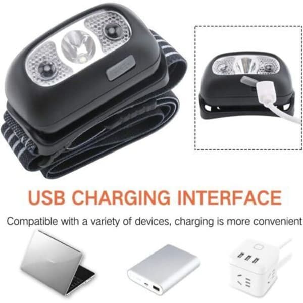 USB oppladbar hodelykt med LED-sensor, lett, IPX4, 120 lm