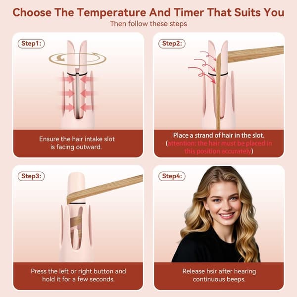 3-i-1 Automatic Curling Iron with 2 Ceramic Barrels (2.5 cm & 3.2 cm), Straightening Comb, 3 Temperatures, Timer & Ion Function