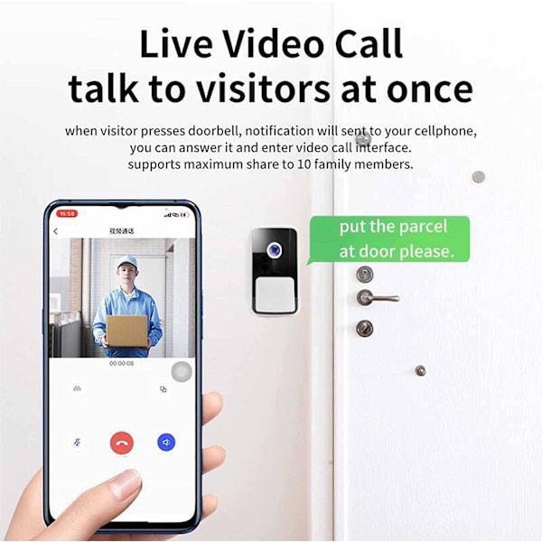 Smart trådlös visuell ringklocka, intelligent videodörrklocka med hemintercom, WiFi-uppladdningsbar